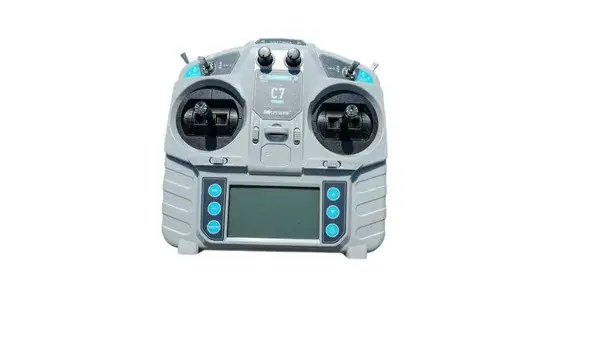 Remote control layout with antenna, joysticks, emergency stop and LED indicators